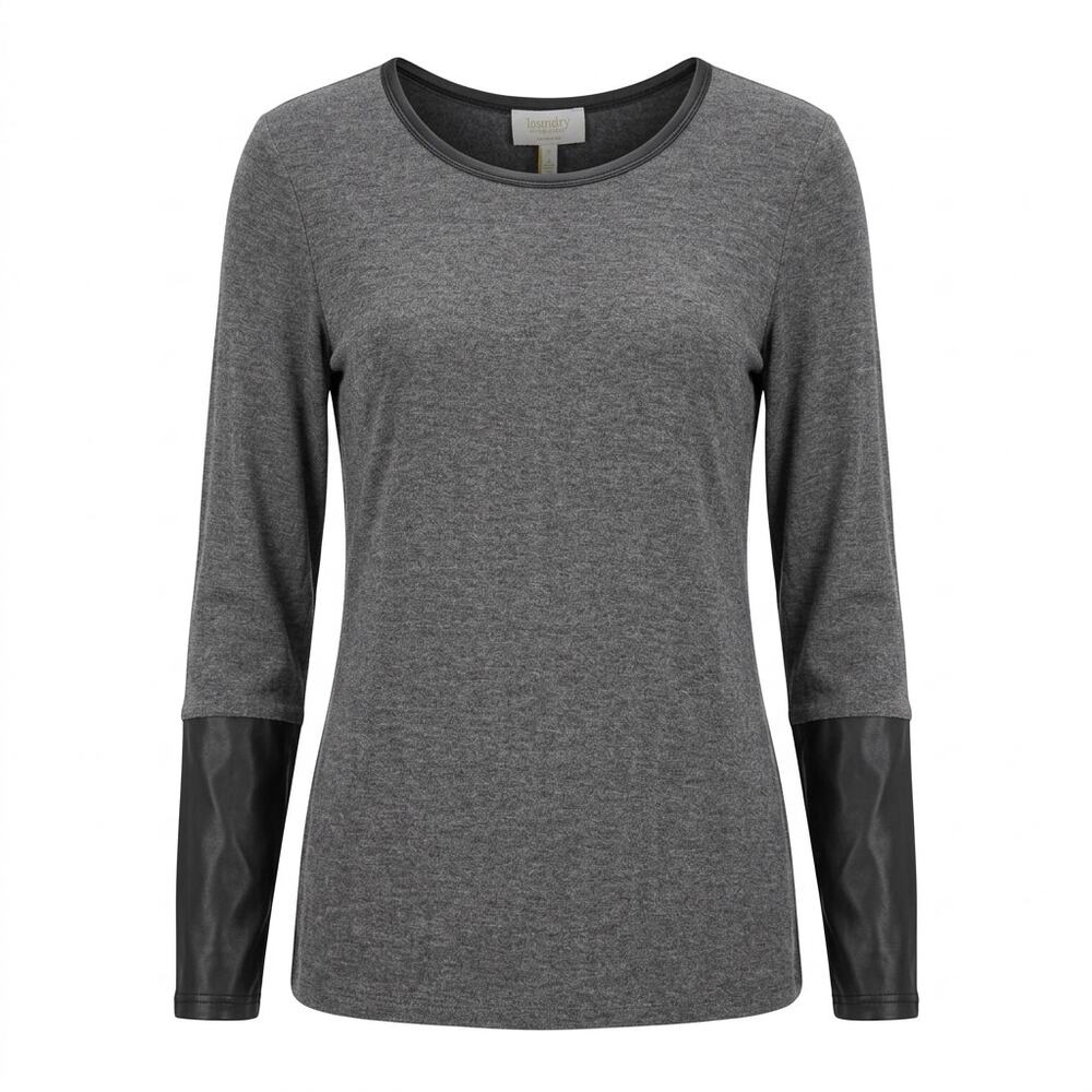 Laundry by Shelli Segal Gray Faux Leather Contrast Sleeve Top Women Size S